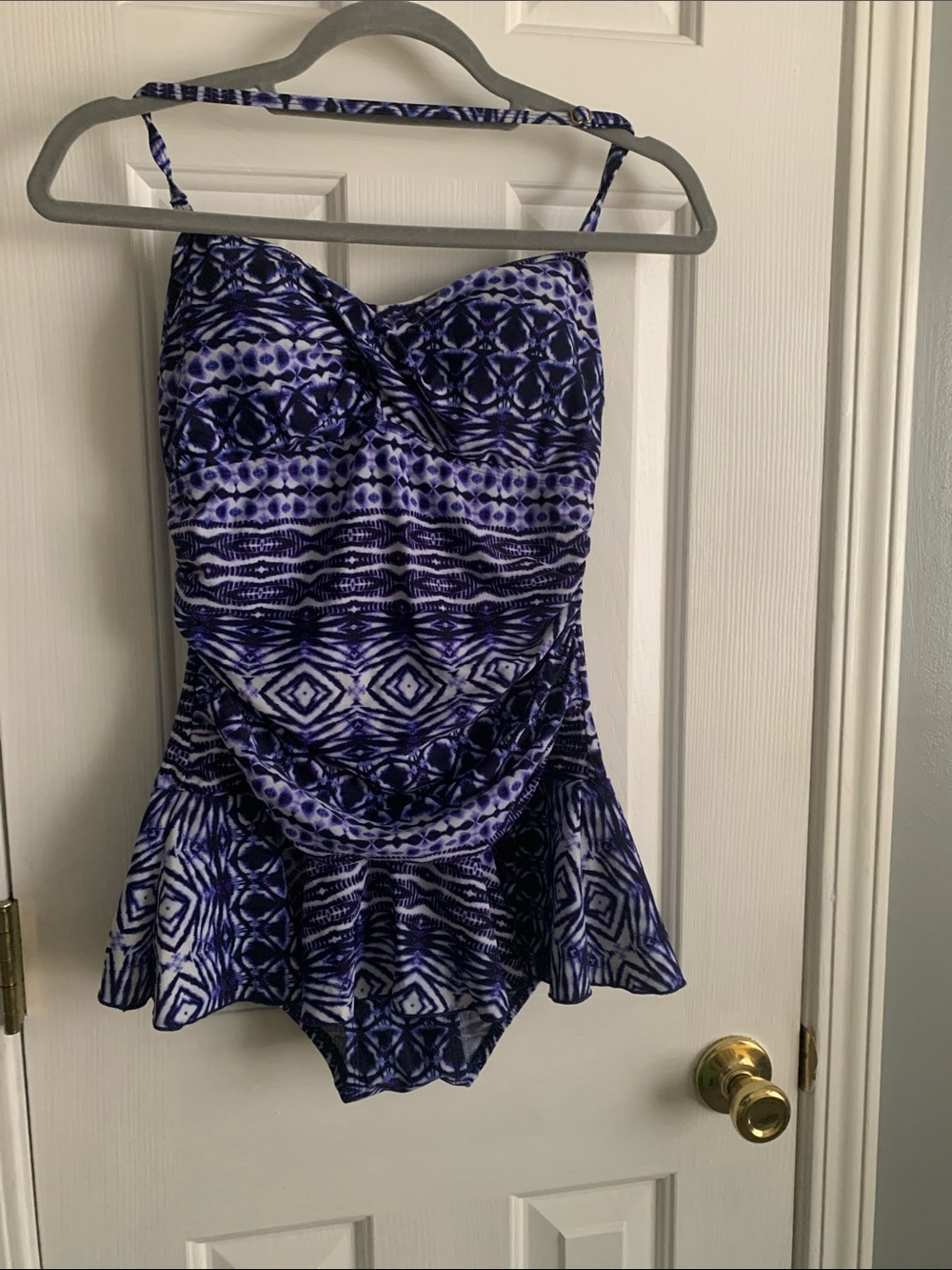 Blue Patterned One-Piece Swimdress with Flared Skirt